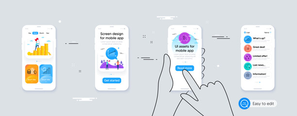 Set of Chart, Currency exchange and Banking money line icons. Phone ui interface. Include Growth chart, Euro rate, Bitcoin think icons. Clipboard, Vip ticket, Donation web elements. Vector