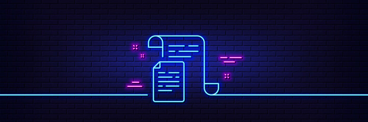 Neon light glow effect. Documents line icon. Doc file page sign. Office note symbol. 3d line neon glow icon. Brick wall banner. Documents outline. Vector