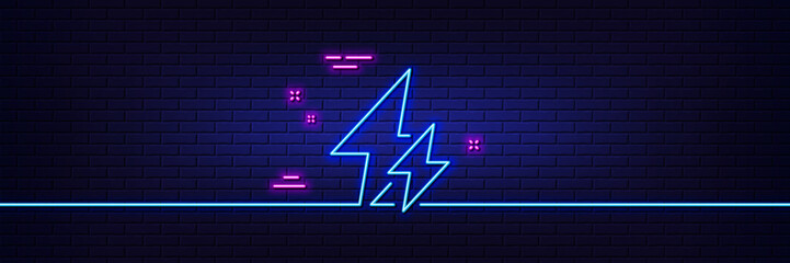 Neon light glow effect. Electricity line icon. Electric power energy type sign. Lightning bolt symbol. 3d line neon glow icon. Brick wall banner. Electricity outline. Vector