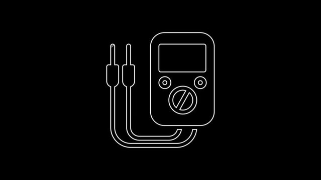 White line Ampere meter, multimeter, voltmeter icon isolated on black background. Instruments for measurement of electric current. 4K Video motion graphic animation