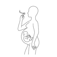 Pregnant woman with fetus baby inside belly, smoking cigarette outline style vector illustration