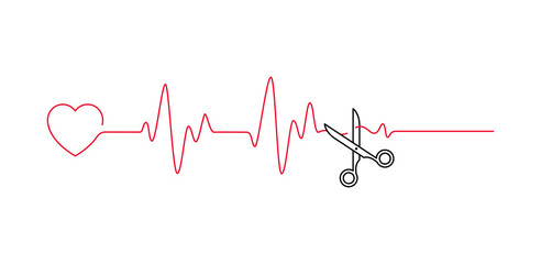 Heart beat pulse line cut off scissors vector illustration. Concept end of life outline style - obrazy, fototapety, plakaty