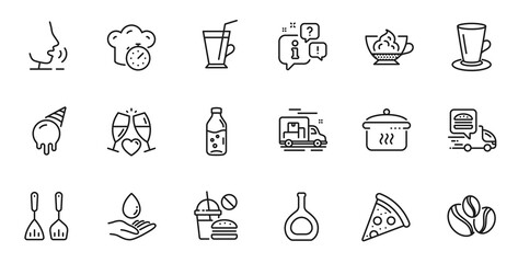 Outline set of Pizza, Fast food and Water bottle line icons for web application. Talk, information, delivery truck outline icon. Include Ice cream, Coffee-berry beans, Boiling pan icons. Vector