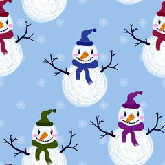 Winter seamless snowman and snowflakes pattern for Christmas wrapping paper and kids notebooks