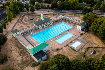 Aerial view of Peterborough Lido outdoor swimming pool building