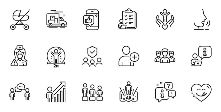 Outline set of Consulting business, Augmented reality and Employee result line icons for web application. Talk, information, delivery truck outline icon. Vector