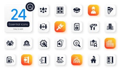 Set of Industrial flat icons. Technical info, Inspect and Buildings elements for web application. Technical documentation, Lighthouse, Wholesale inventory icons. Quality, Certificate. Vector