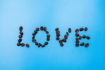 word coffee written on coffee beans