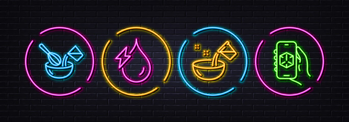 Cooking whisk, Hydroelectricity and Cooking water minimal line icons. Neon laser 3d lights. 3d app icons. For web, application, printing. Cutlery, Hydroelectric energy, Glass. 3d technology. Vector