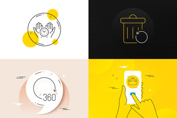 Minimal set of First aid, Safe time and Recovery trash line icons. Phone screen, Quote banners. 360 degrees icons. For web development. Medicine kit, Management, Backup file. Panoramic view. Vector