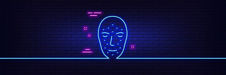 Neon light glow effect. Face biometrics line icon. Facial recognition sign. Head scanning symbol. 3d line neon glow icon. Brick wall banner. Face biometrics outline. Vector