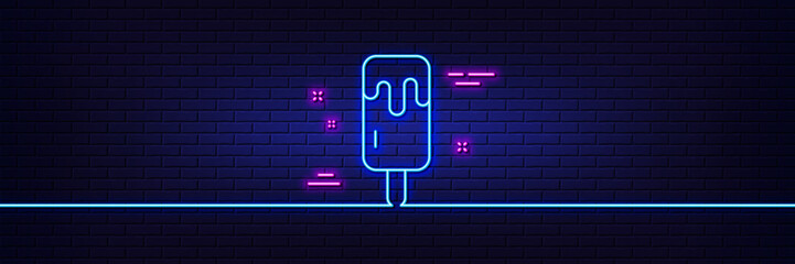 Neon light glow effect. Ice cream on stick line icon. Vanilla sundae sign. Frozen summer dessert symbol. 3d line neon glow icon. Brick wall banner. Ice cream outline. Vector