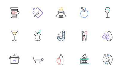 Tea cup, Candy and Water glass line icons for website, printing. Collection of Ice cream, Martini glass, Mocha icons. Boiling pan, Frappe, Recycle water web elements. Cutting board. Vector