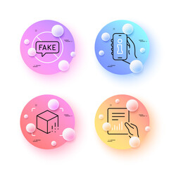Fake news, Document and Info app minimal line icons. 3d spheres or balls buttons. Augmented reality icons. For web, application, printing. Stop lying, File with diagram, Smartphone information. Vector