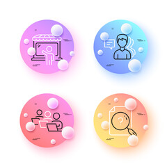 Teamwork, Market seller and Search document minimal line icons. 3d spheres or balls buttons. People icons. For web, application, printing. Remote work, Store buyer, Questionnaire. Support job. Vector