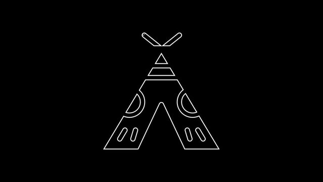 White line Traditional indian teepee or wigwam icon isolated on black background. Indian tent. 4K Video motion graphic animation