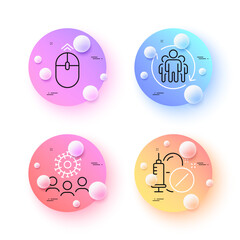 Medical drugs, Coronavirus and Teamwork minimal line icons. 3d spheres or balls buttons. Swipe up icons. For web, application, printing. Medicine pills, Who, Employees change. Scrolling page. Vector