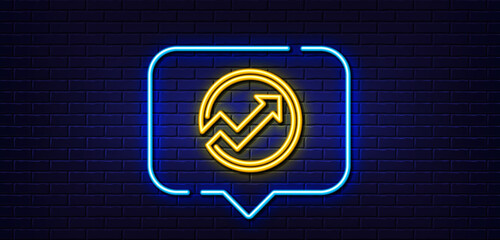 Neon light speech bubble. Chart line icon. Report graph or Sales growth sign in circle. Analysis and Statistics data symbol. Neon light background. Audit glow line. Brick wall banner. Vector