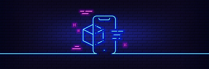 Neon light glow effect. Augmented reality phone line icon. VR simulation sign. 3d cube symbol. 3d line neon glow icon. Brick wall banner. Augmented reality outline. Vector