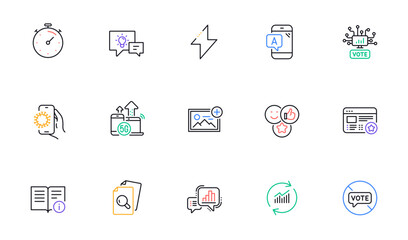 Like, Favorite and Inspect line icons for website, printing. Collection of Covid app, Idea lamp, Stop voting icons. Add photo, Graph chart, 5g internet web elements. Technical info. Vector