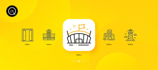 Fototapeta na wymiar Hospital building, Open door and Buildings minimal line icons. Yellow abstract background. Lighthouse, Arena icons. For web, application, printing. Medical help, Entrance, City architecture. Vector