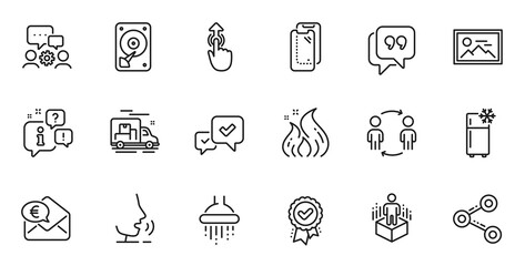 Outline set of Fire energy, Quote bubble and Engineering team line icons for web application. Talk, information, delivery truck outline icon. Vector