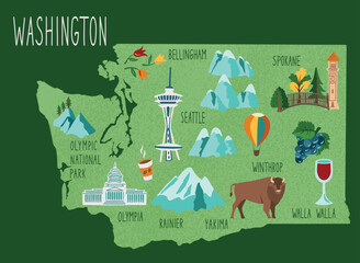 Hand drawn illustrated map of Washington State, USA. Concept of travel to the United States. Colorfed vector illustartion. State symbols on the map.