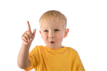 Little boy holds his hand up with his index finger. The concept of attention and caution.