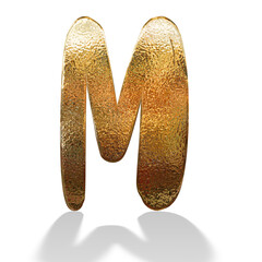 3d gold metal letter M with shadow isolated white background