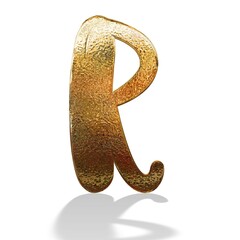 3d gold metal letter R with shadow isolated white background