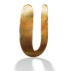 3d gold metal letter U with shadow isolated white background