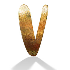 3d gold metal letter V with shadow isolated white background