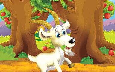 cartoon scene with farm goat in the garden illustration