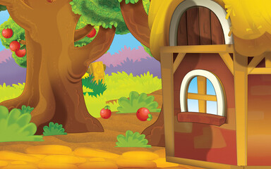 cartoon scene with farm house in garden illustration