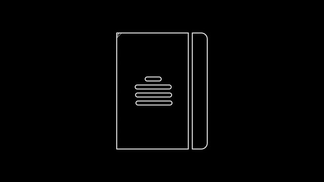 White line Notebook icon isolated on black background. Spiral notepad icon. School notebook. Writing pad. Diary for school. 4K Video motion graphic animation