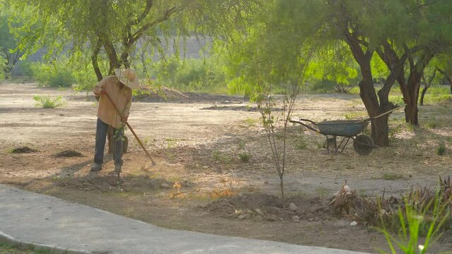 Hombre de sombrero trabajador preparando la tierra y limpiando en el campo