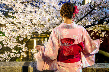 Japanese woman in kimono during cherry blossom