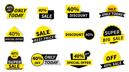 40% discount labels, sale tags collection. Special offer, big sale, discount, best price, mega sale banner set. Shop or online shopping discount stickers. Sticker, badge, coupon, store.