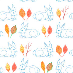 Seamless autumn pattern with rabbit and leaves hand drawn with colored pencils