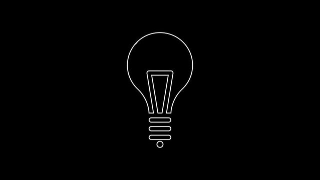 White line Light bulb with concept of idea icon isolated on black background. Energy and idea symbol. Inspiration concept. 4K Video motion graphic animation
