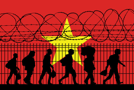 Flag of Vietnam - Refugees near barbed wire fence. Migrants migrates to other countries.