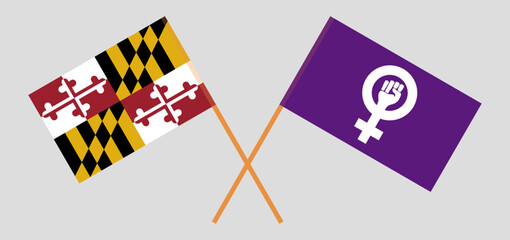 Crossed flags of the State of Maryland and Feminism. Official colors. Correct proportion