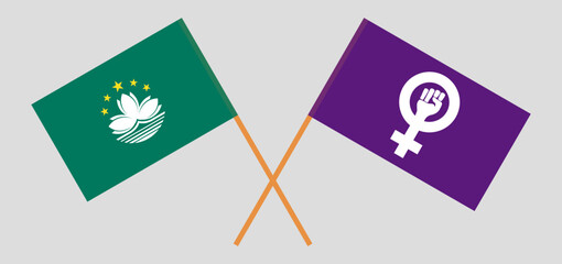 Crossed flags of Macau and Feminism. Official colors. Correct proportion