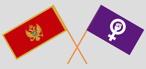 Crossed flags of Montenegro and Feminism. Official colors. Correct proportion