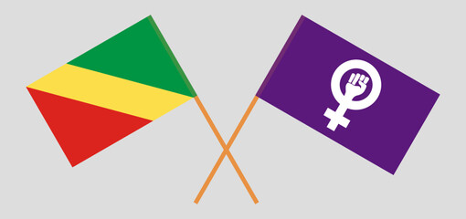 Crossed flags of Republic of the Congo and Feminism. Official colors. Correct proportion