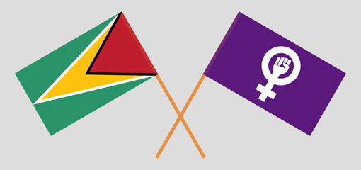 Crossed flags of Guyana and Feminism. Official colors. Correct proportion