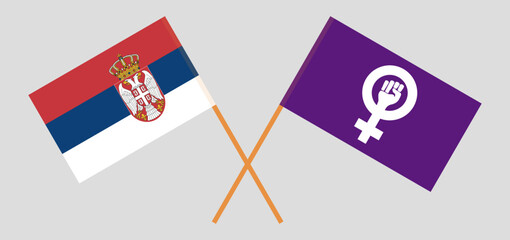 Crossed flags of Serbia and Feminism. Official colors. Correct proportion