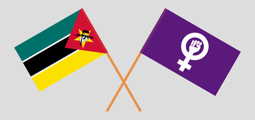 Crossed flags of Mozambique and Feminism. Official colors. Correct proportion