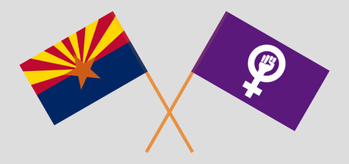 Crossed flags of the State of Arizona and Feminism. Official colors. Correct proportion