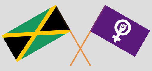 Crossed flags of Jamaica and Feminism. Official colors. Correct proportion